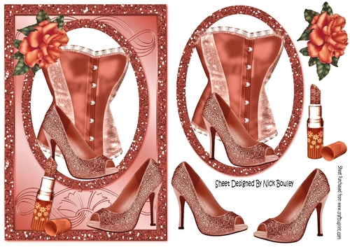 peach glitter frame with basque,rose and lipstick