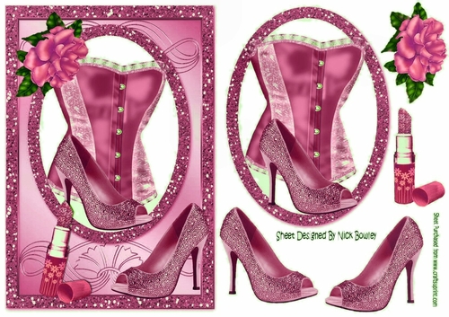 pink glitter frame with basque,rose and lipstick