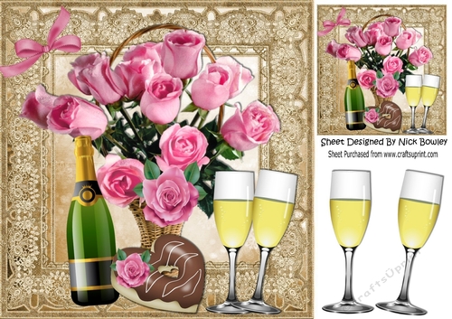 Chocolate Heart with pink roses & champagne 8x8