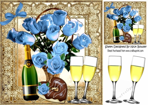 Chocolate Heart with blue roses & champagne 8x8