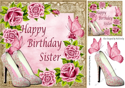 Pretty pink roses with butterflies & shoes for SISTER 8x8