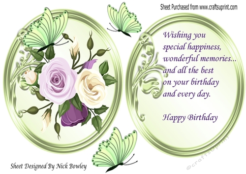 Painted lilac & cream roses with butterflies topper and insert with verse