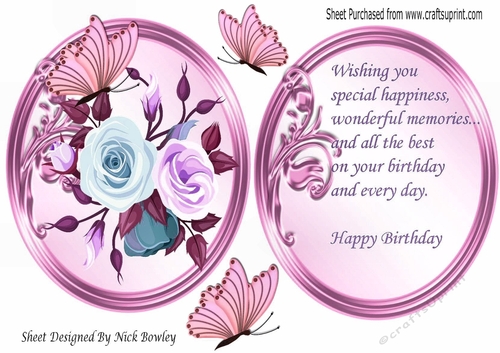 Painted blue & lilac roses with butterflies topper and insert with verse