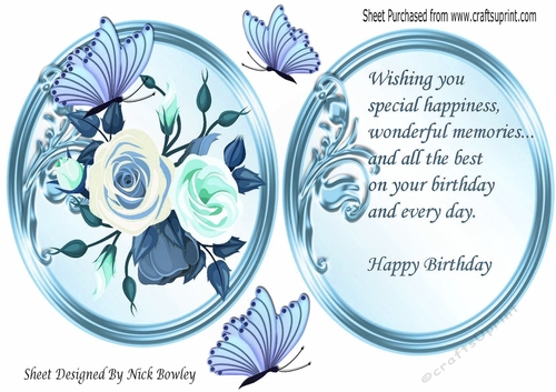 Painted blue & turq roses with blue butterflies topper and insert with verse