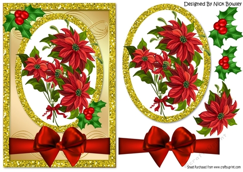 Pretty Red Poinsettias in gold glitter frame with holly A5