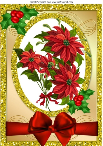 Pretty Red Poinsettias in gold glitter frame with holly A4