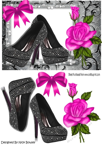 Black Diamante shoes with pink rose A5