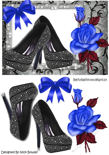 Black Diamante shoes with blue rose A5