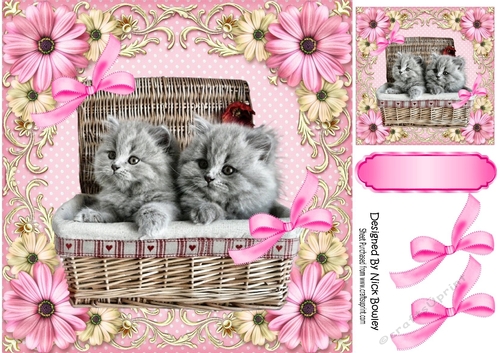 Cute Kittens in a basket in pink floral frame with bows 8x8