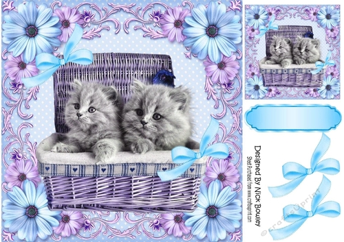 Cute Kittens in a basket in lilac floral frame with bows 8x8