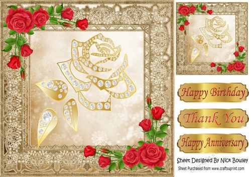 Pretty Decorative Gold Rose with diamonds, and red roses 8x8