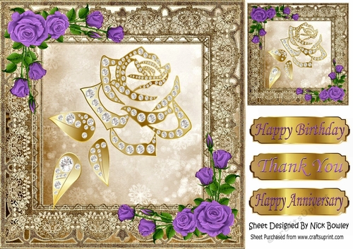 Pretty Decorative Gold Rose with diamonds, and purple roses 8x8