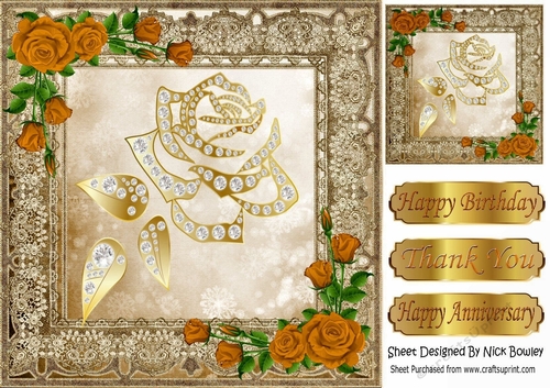 Pretty Decorative Gold Rose with diamonds, and gold roses 8x8