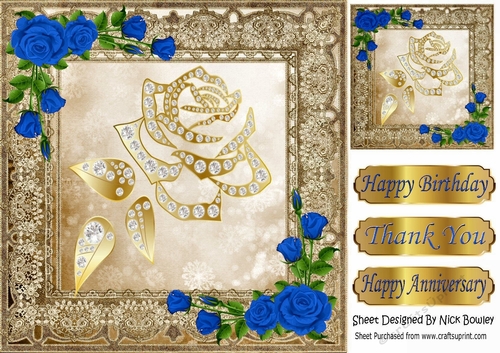 Pretty Decorative Gold Rose with diamonds, and blue roses 8x8