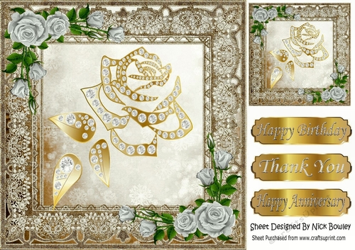 Pretty Decorative Gold Rose with diamonds, and silver roses 8x8