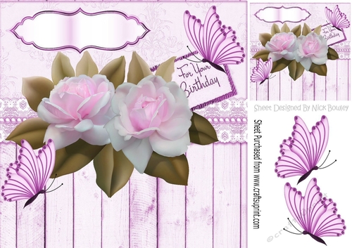 Lilac roses with butterflies and wood effect 8x8