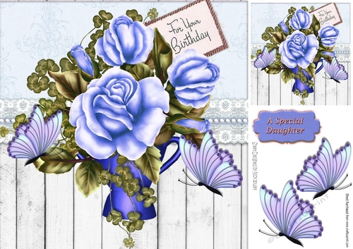 blue roses with butterflies  in a vase and wood effect 8x8