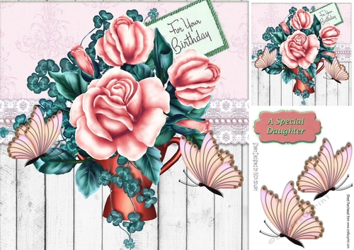 peach roses with butterflies  in a vase and wood effect 8x8