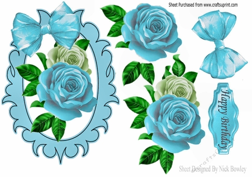 lovely turq and cream roses in ornate frame with bow