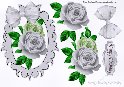 lovely silver roses in ornate frame with bow