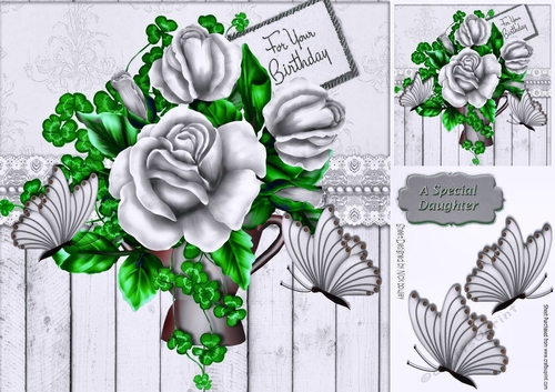 silver roses with butterflies  in a vase and wood effect 8x8