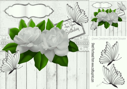 white roses with white butterflies and wood effect 8x8