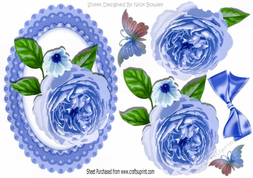 Blue roses in gingham oval scalloped frame with butterflies