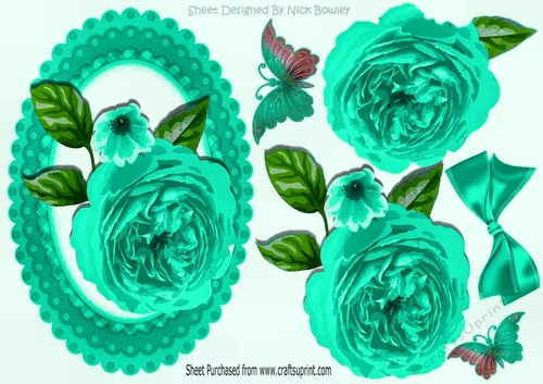 turq roses in gingham oval scalloped frame with butterflies