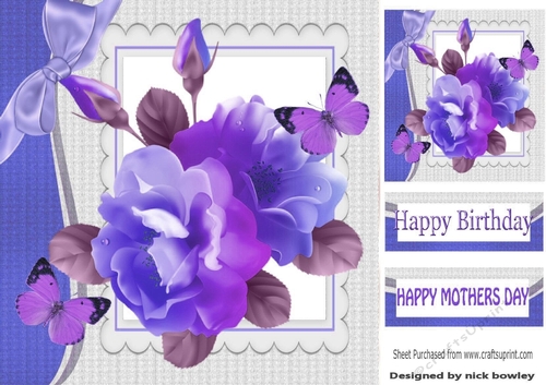 pretty shades of lilac/purple painted roses with butterflies 8x8
