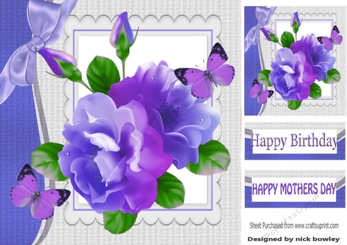 pretty lilac/purple painted roses with green leaves with butterflies 8x8