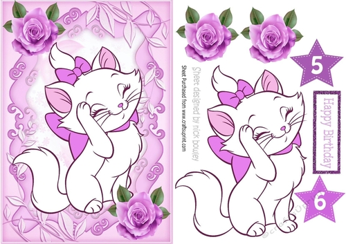 Cute little kitty with lilac roses in ornate frame A5