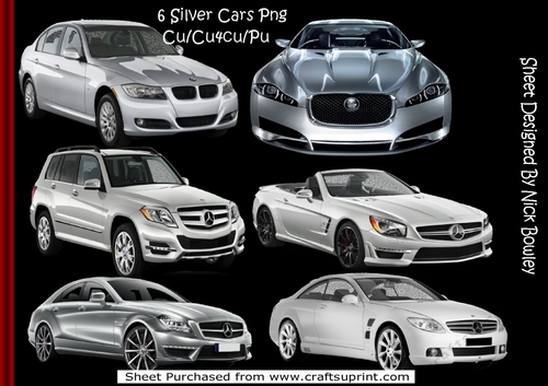 A variety of six silver cars in png