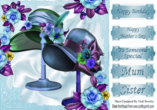 pretty blue hats  on stands with flowers 8x8