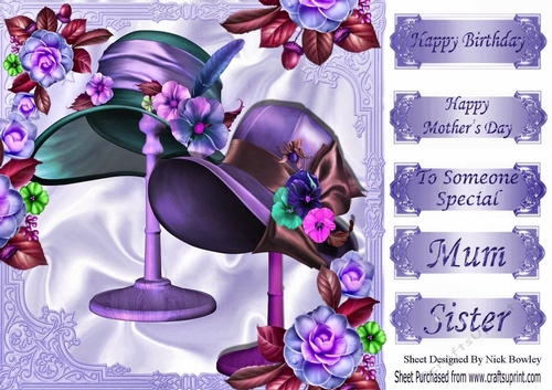 pretty purple hats  on stands with flowers 8x8