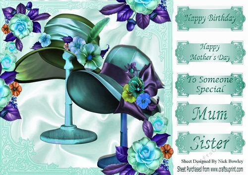 pretty turq hats  on stands with flowers 8x8