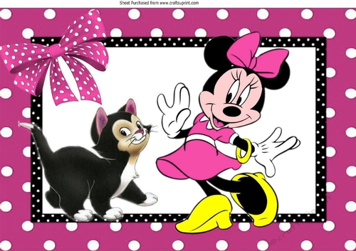 Little Minnie mouse with her pet kitty in pink dot frame A4