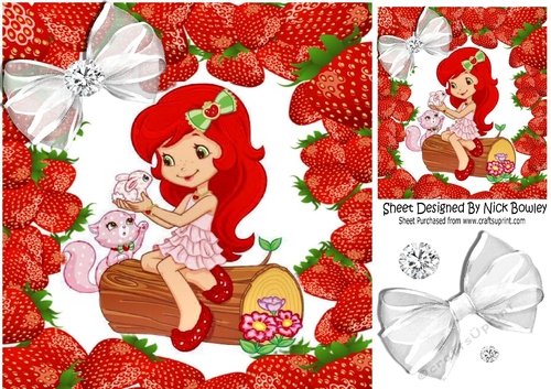 Little Miss Strawberry girl sitting on a log with her pets 8x8