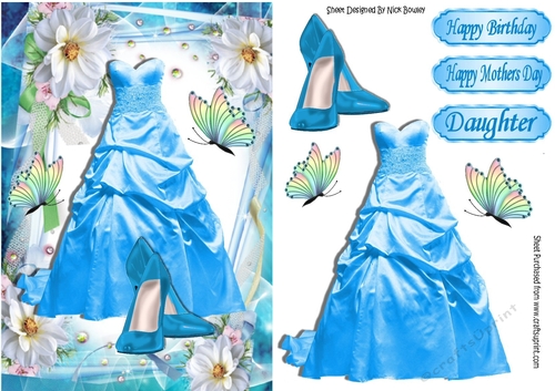 pretty blue party dress & shoes in floral frame A5