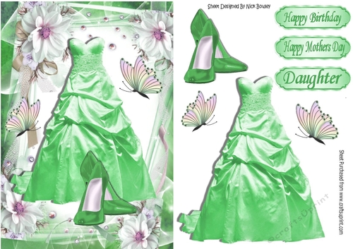 pretty green party dress & shoes in floral frame A5