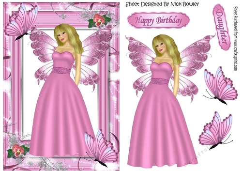 pretty faerie in pink with butterflies in flower frame