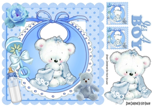 Cuddly teddy with his blanket, bottle on bib, in frame 8x8