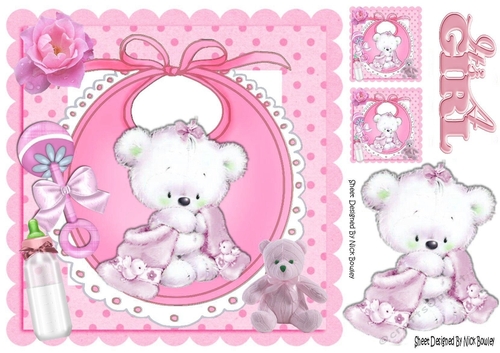 cute teddy with her pink blanket, bottle on bib in frame 8x8