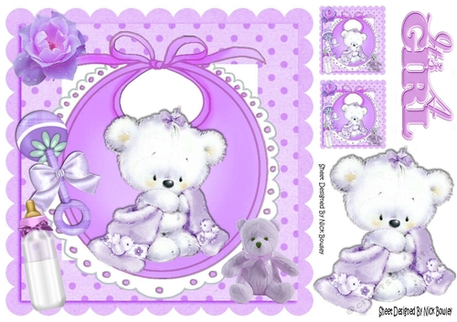 Cuddly teddy with her lilac blanket, bottle on bib, in frame 8x8