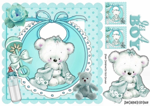 Cuddly teddy with his turq blanket, bottle on bib, in frame 8x8