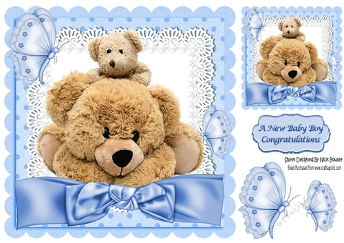 lovely cuddly teddies on lace and blue bow 8x8