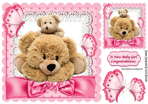 lovely cuddly teddies on lace and pink bow 8x8