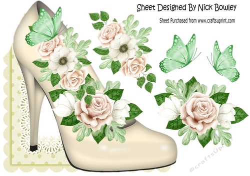 Cream shoe with painted roses over the edge  with butterflies