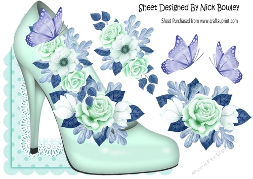 Turq shoe with painted roses over the edge  with butterflies