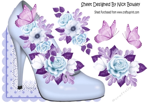 Lilac shoe with painted roses over the edge  with butterflies