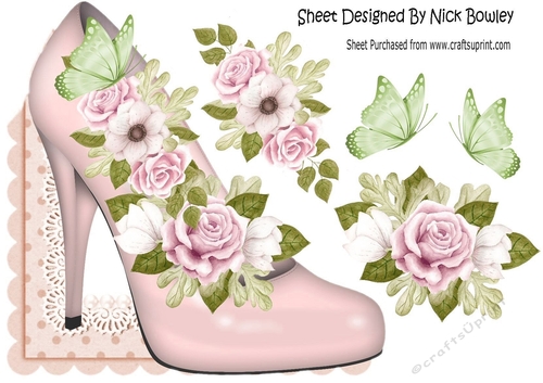 pink shoe with painted roses over the edge  with butterflies